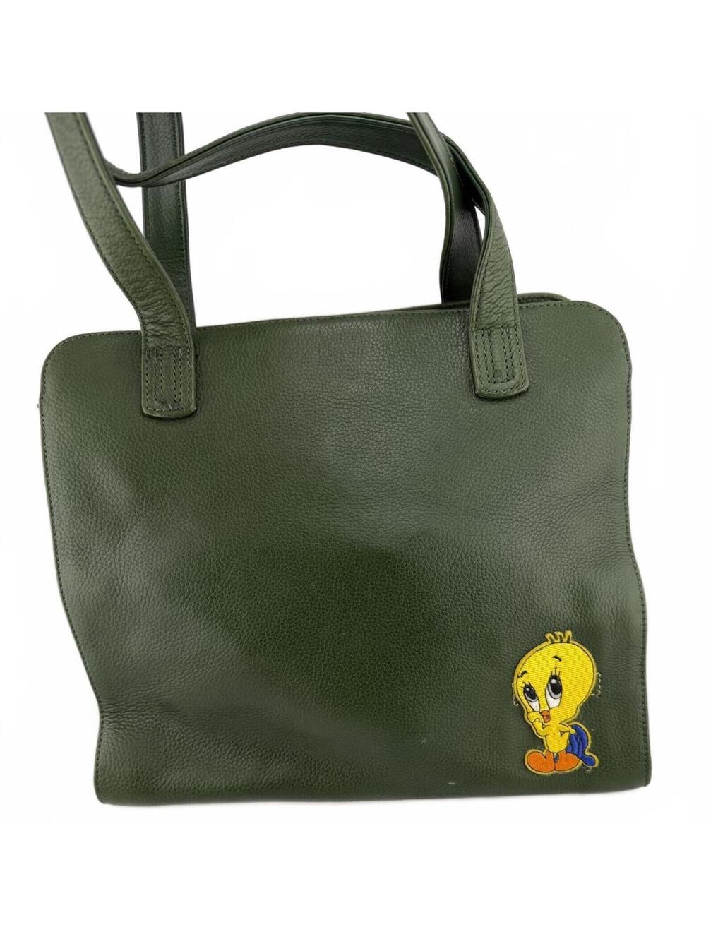 Vintage Rolfs Leather Tote Bag Green Tweety Bird Patch